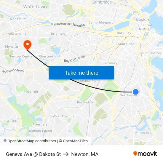 Geneva Ave @ Dakota St to Newton, MA map
