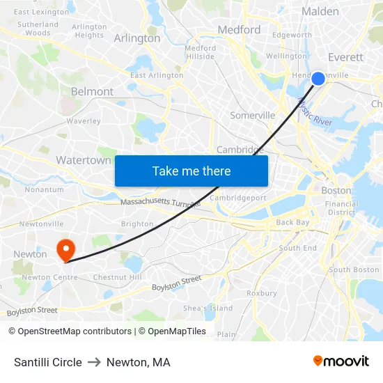 Santilli Circle to Newton, MA map