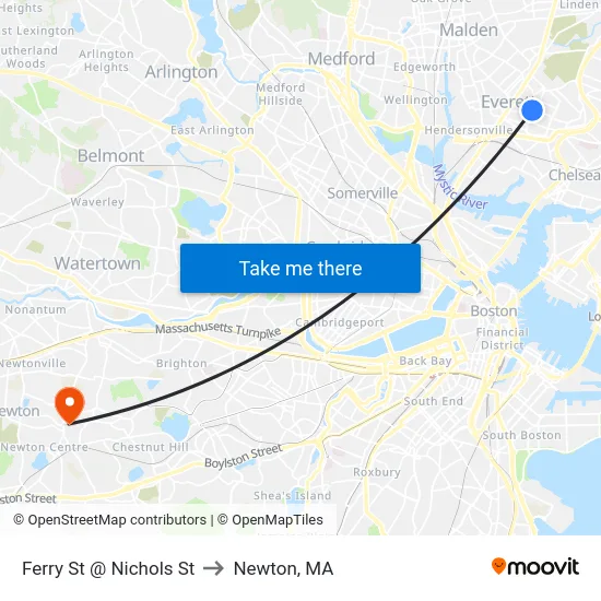 Ferry St @ Nichols St to Newton, MA map