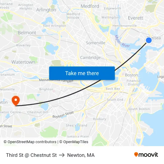 Third St @ Chestnut St to Newton, MA map