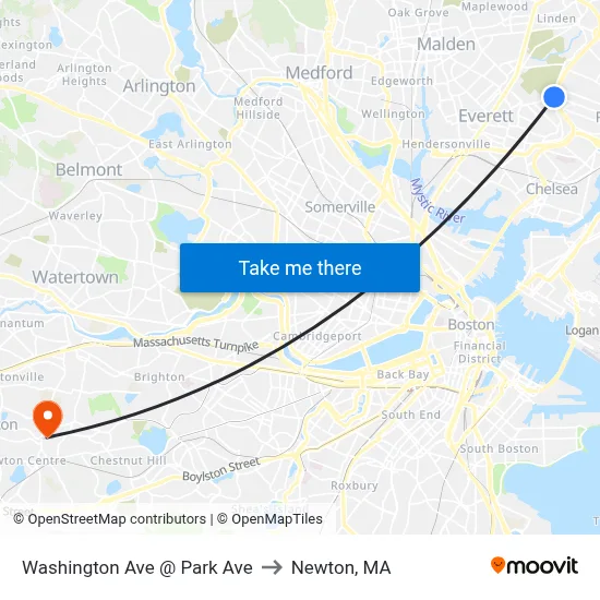 Washington Ave @ Park Ave to Newton, MA map