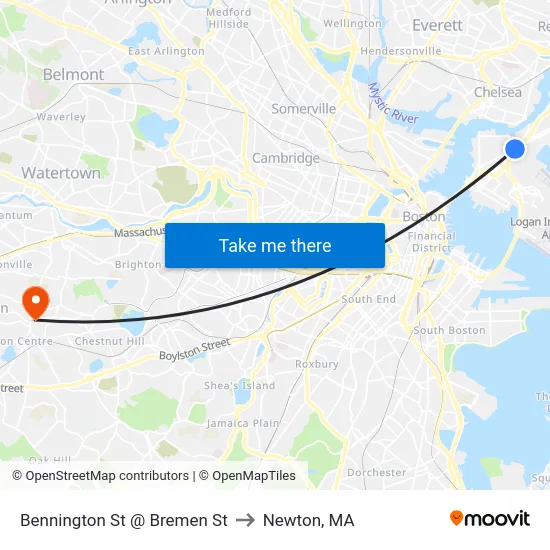 Bennington St @ Bremen St to Newton, MA map