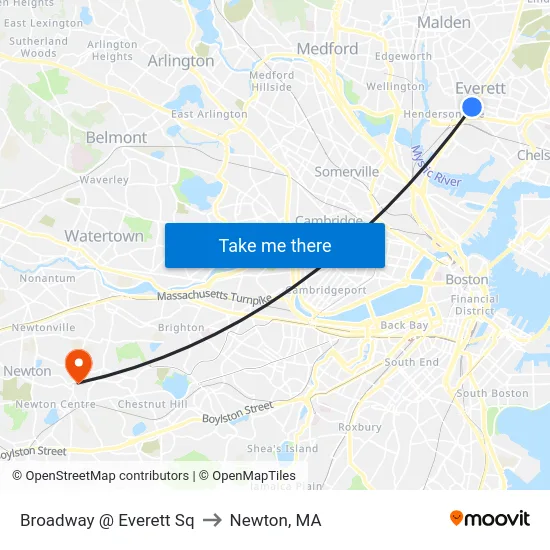 Broadway @ Everett Sq to Newton, MA map