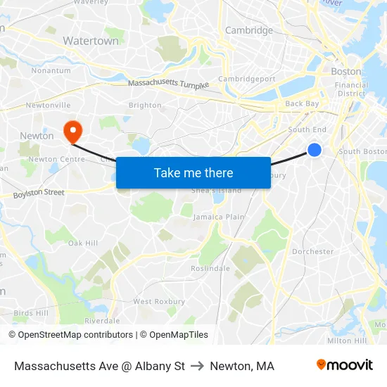 Massachusetts Ave @ Albany St to Newton, MA map