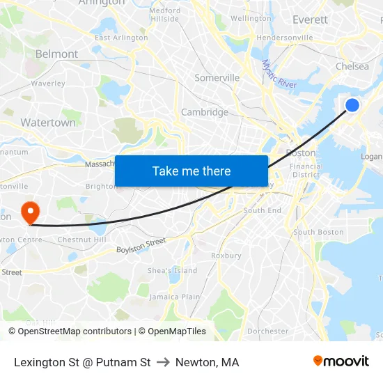 Lexington St @ Putnam St to Newton, MA map