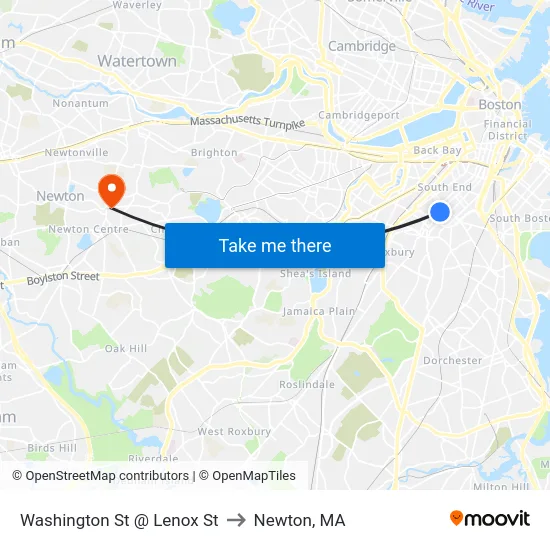 Washington St @ Lenox St to Newton, MA map