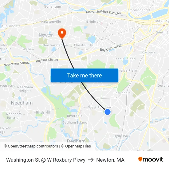 Washington St @ W Roxbury Pkwy to Newton, MA map