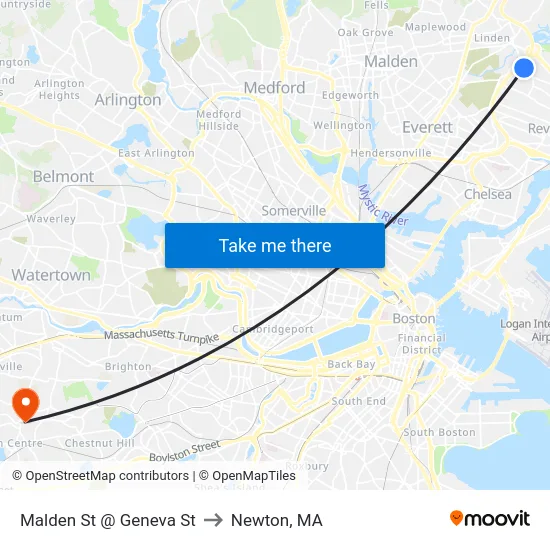 Malden St @ Geneva St to Newton, MA map