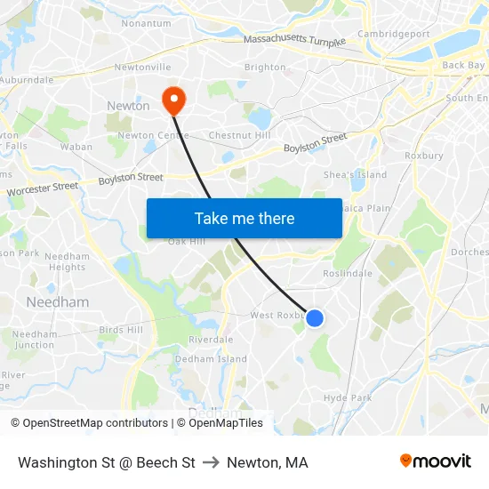 Washington St @ Beech St to Newton, MA map