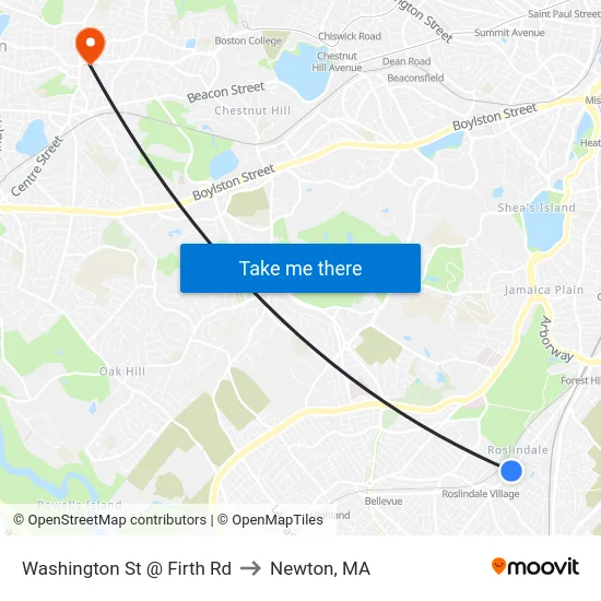 Washington St @ Firth Rd to Newton, MA map