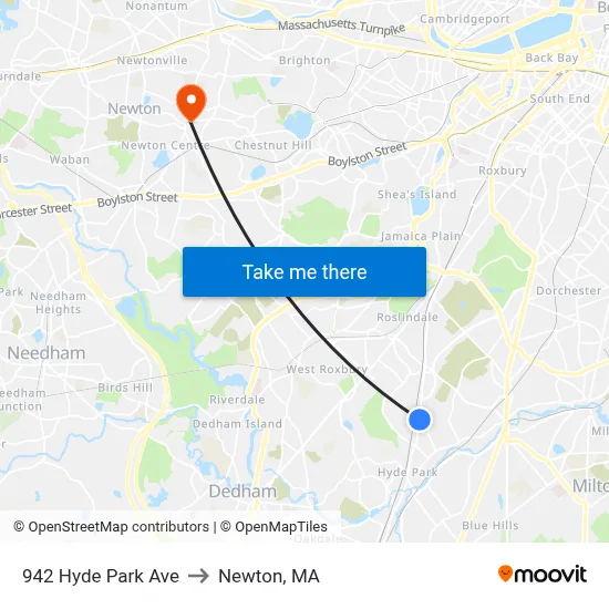 942 Hyde Park Ave to Newton, MA map