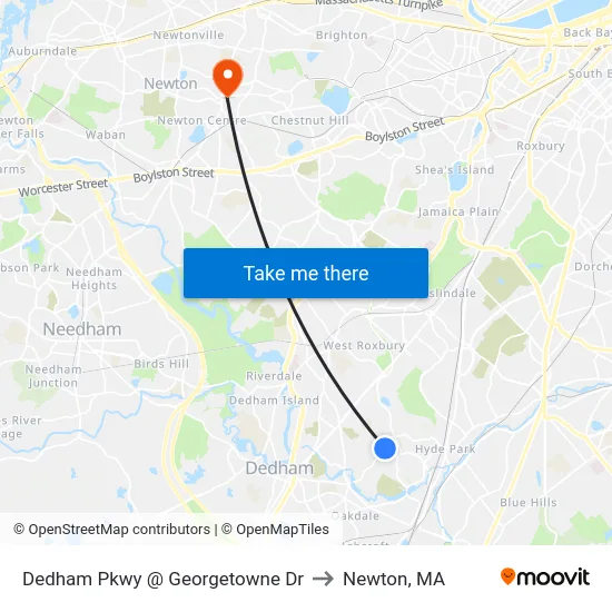 Dedham Pkwy @ Georgetowne Dr to Newton, MA map