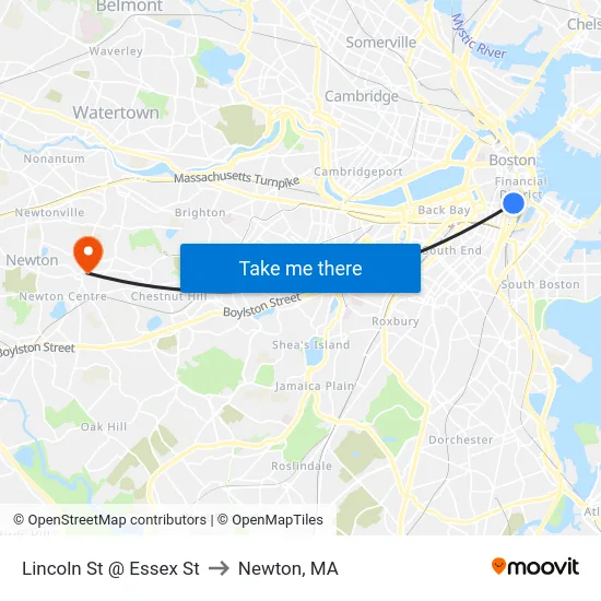 Lincoln St @ Essex St to Newton, MA map