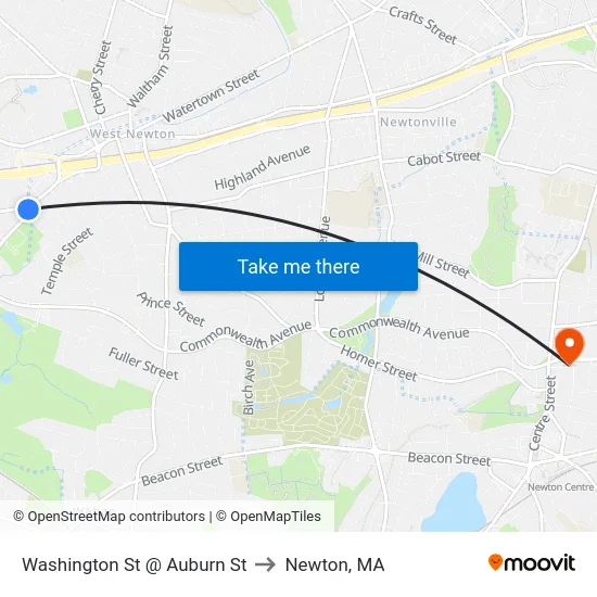 Washington St @ Auburn St to Newton, MA map