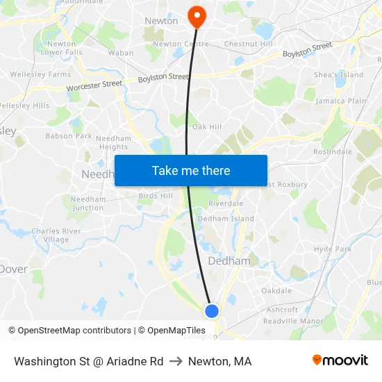 Washington St @ Ariadne Rd to Newton, MA map