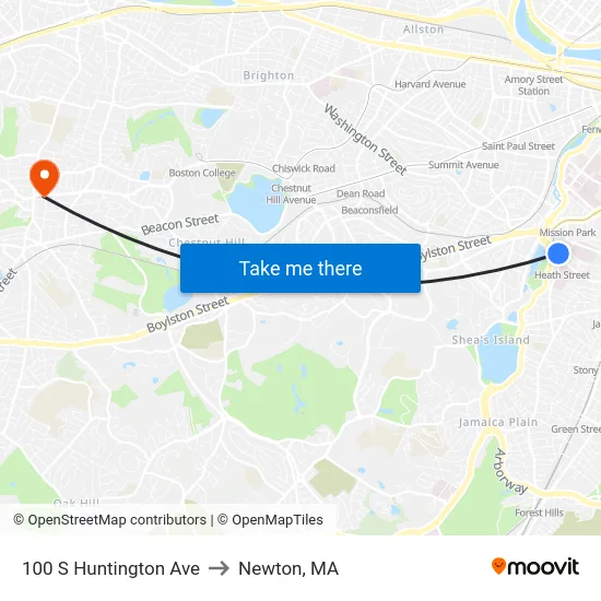 100 S Huntington Ave to Newton, MA map