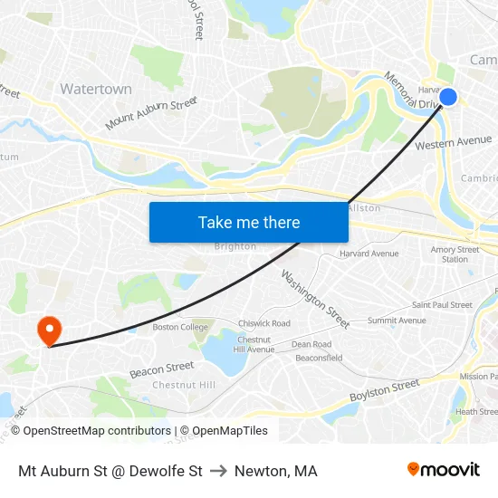 Mt Auburn St @ Dewolfe St to Newton, MA map