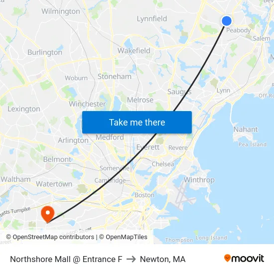 Northshore Mall @ Entrance F to Newton, MA map