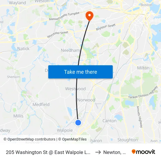 205 Washington St @ East Walpole Loop to Newton, MA map