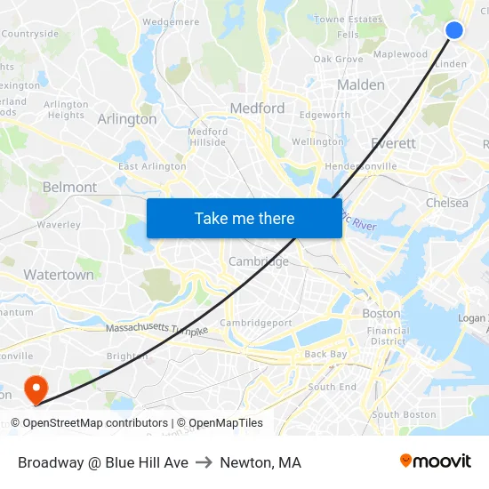 Broadway @ Blue Hill Ave to Newton, MA map