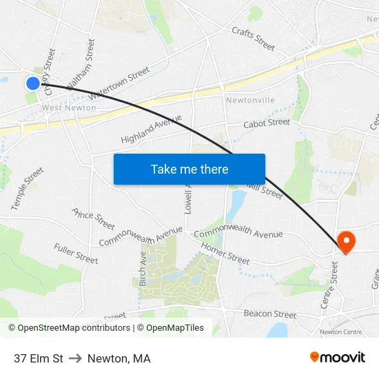 37 Elm St to Newton, MA map