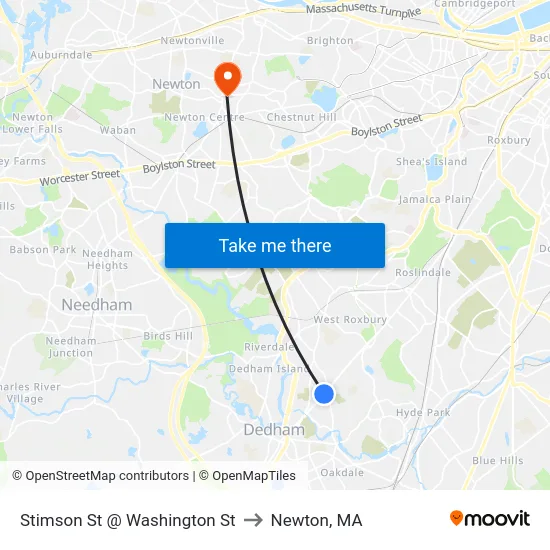 Stimson St @ Washington St to Newton, MA map
