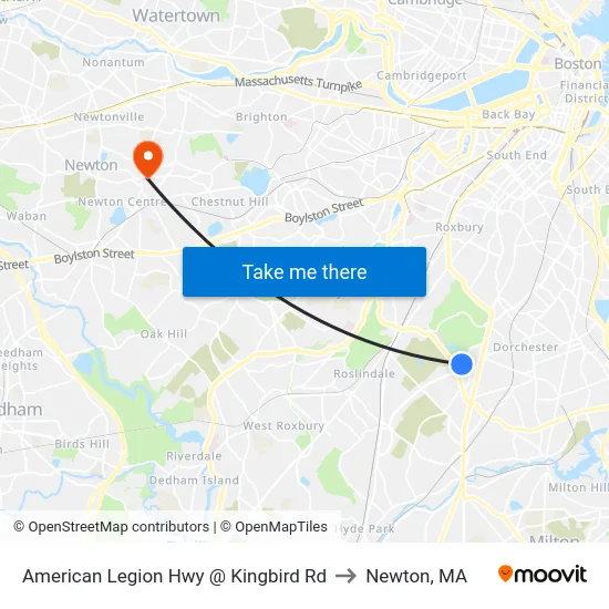American Legion Hwy @ Kingbird Rd to Newton, MA map