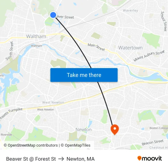 Beaver St @ Forest St to Newton, MA map