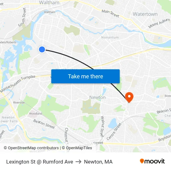Lexington St @ Rumford Ave to Newton, MA map
