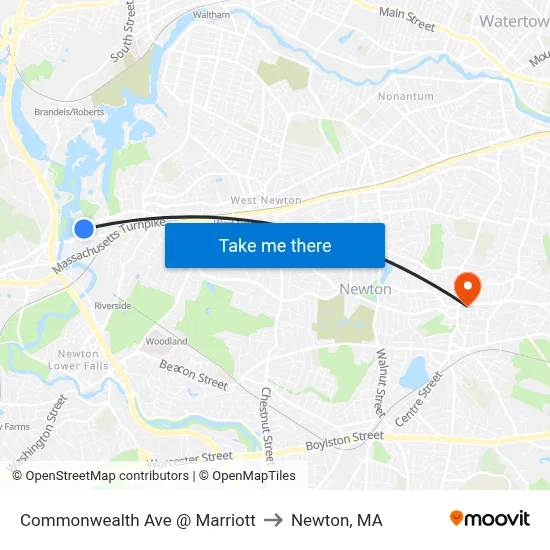 Commonwealth Ave @ Marriott to Newton, MA map