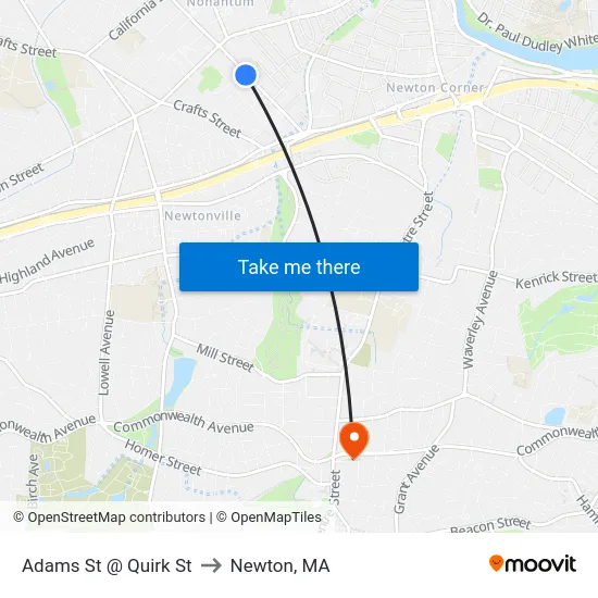 Adams St @ Quirk St to Newton, MA map