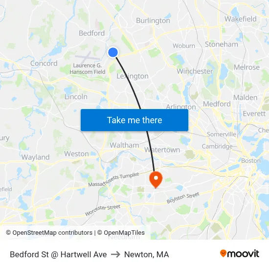 Bedford St @ Hartwell Ave to Newton, MA map
