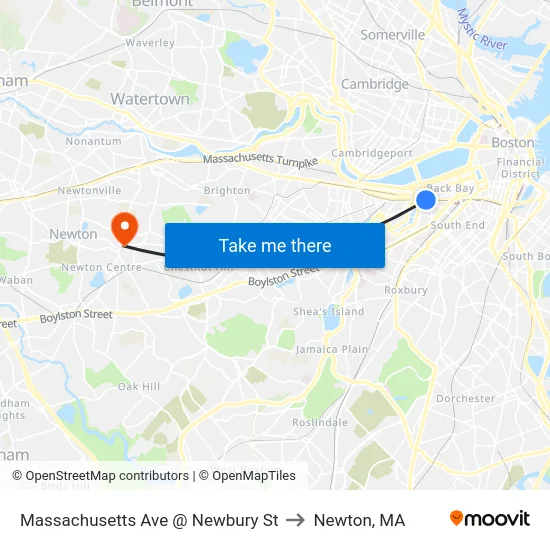 Massachusetts Ave @ Newbury St to Newton, MA map