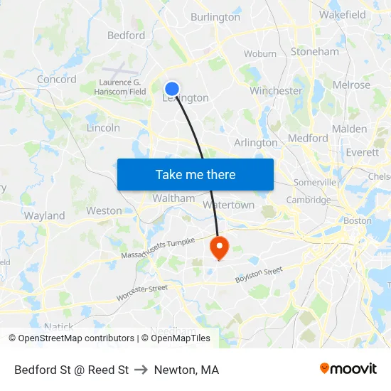 Bedford St @ Reed St to Newton, MA map