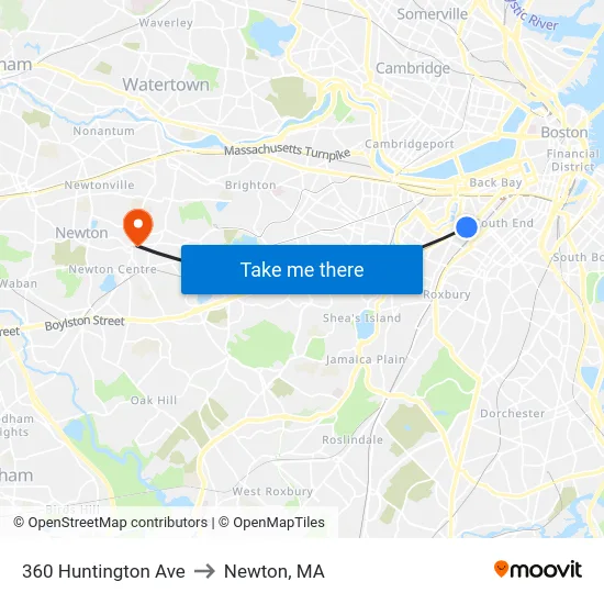360 Huntington Ave to Newton, MA map