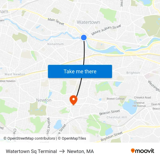 Watertown Sq Terminal to Newton, MA map
