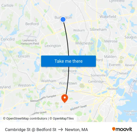 Cambridge St @ Bedford St to Newton, MA map