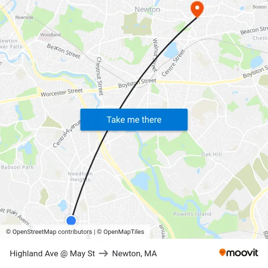 Highland Ave @ May St to Newton, MA map