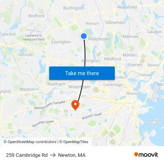 259 Cambridge Rd to Newton, MA map