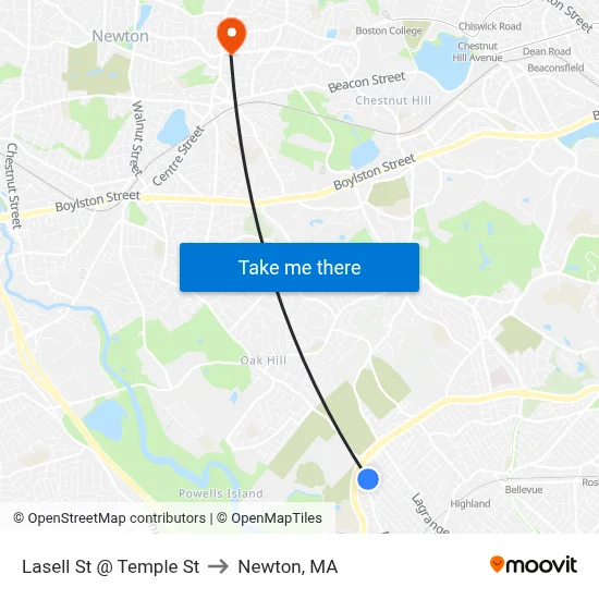 Lasell St @ Temple St to Newton, MA map