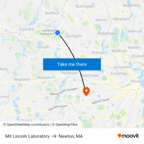 Mit Lincoln Laboratory to Newton, MA map