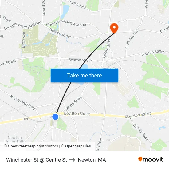 Winchester St @ Centre St to Newton, MA map
