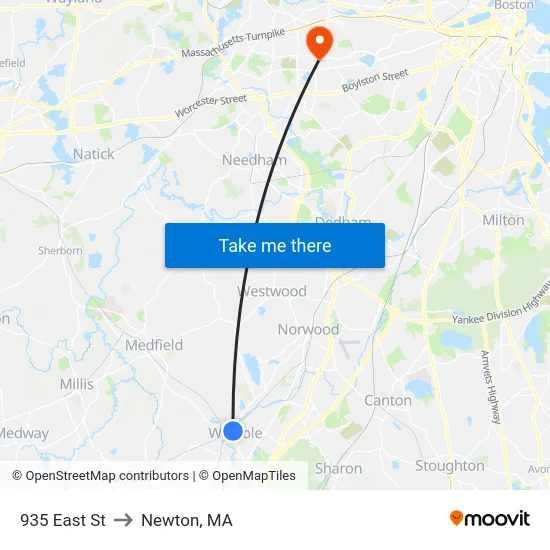 935 East St to Newton, MA map