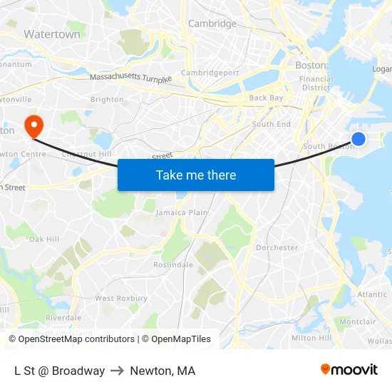 L St @ Broadway to Newton, MA map