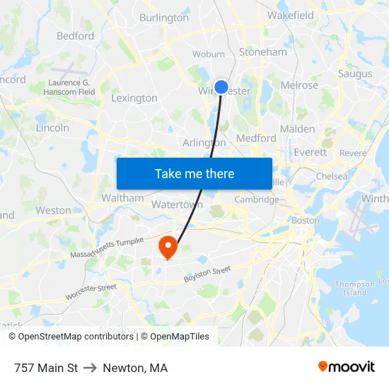 757 Main St to Newton, MA map