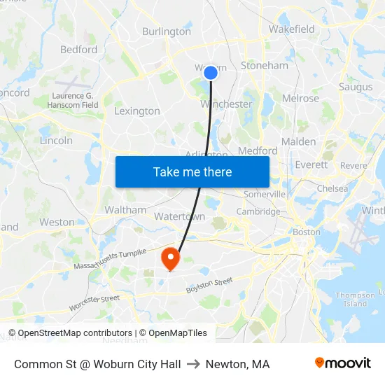 Common St @ Woburn City Hall to Newton, MA map