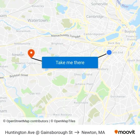 Huntington Ave @ Gainsborough St to Newton, MA map