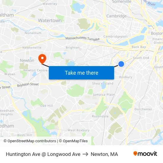 Huntington Ave @ Longwood Ave to Newton, MA map