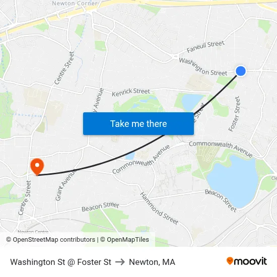 Washington St @ Foster St to Newton, MA map