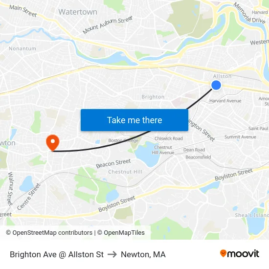 Brighton Ave @ Allston St to Newton, MA map